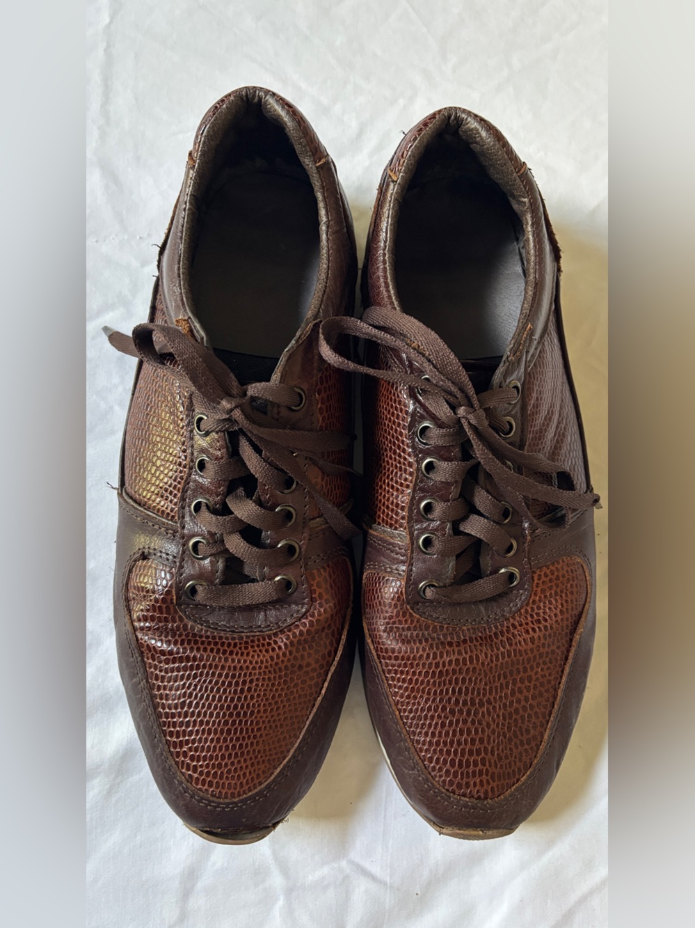 Men’s Brown Leather Reptile Embossed Lace-Up Sneakers Made in Mexico Size 29